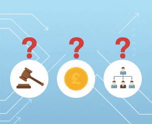 A gavel, a pound coin, and a family business succession chart with a question mark over it.